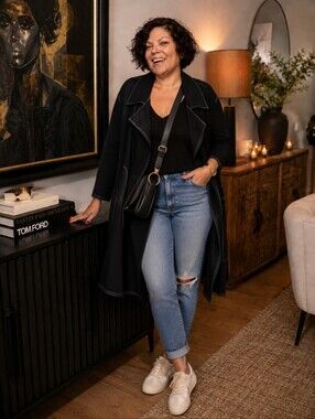 Chico's Black Open Front Trench Coat with White Contrast Stitching